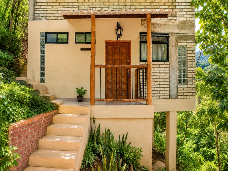 Escaleras y puerta de madera de la entrada, rodeadas de vegetación