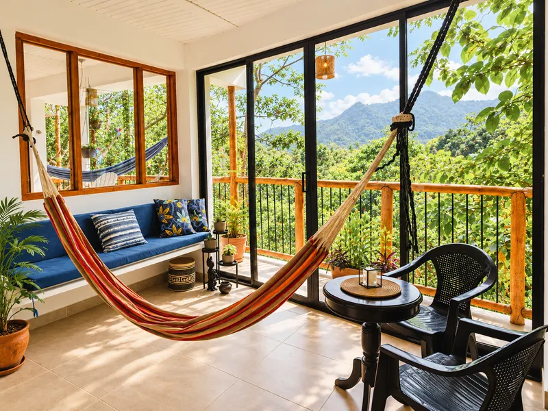 Rincón de la sala con hamaca, sofá azul y puertas de vidrio que se abren a un balcón con vista a las montañas